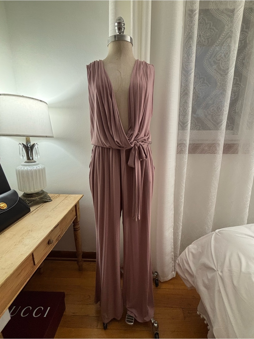 New York & Company Dusty Rose Deep V Wrap Jumpsuit, L, GUC